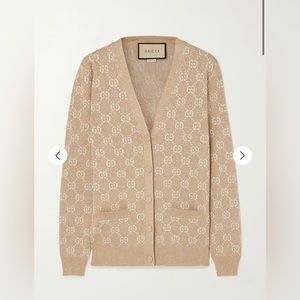 GUCCI
Metallic jacquard-knit cotton-blend cardigan Camel Medium